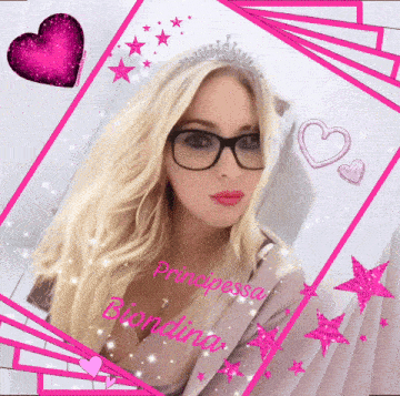 a woman wearing glasses and a tiara is surrounded by pink hearts and stars and says princessa buonlina