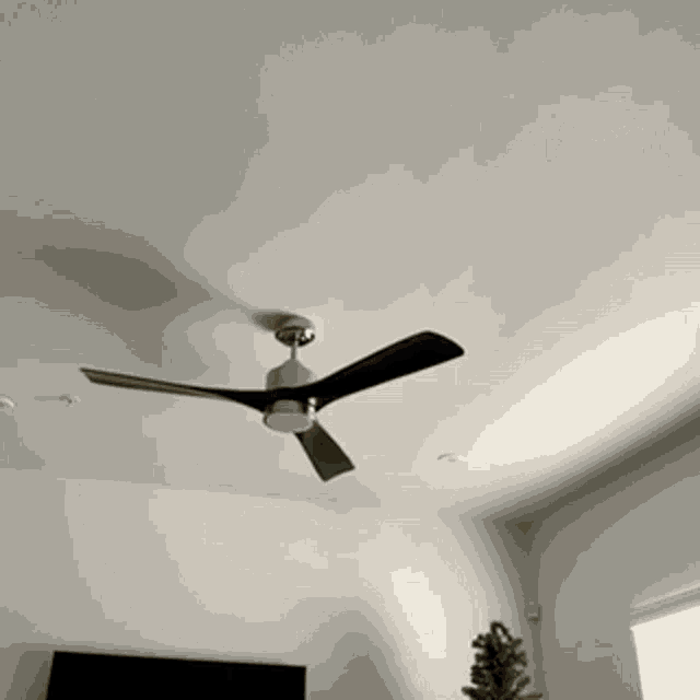 a living room with a ceiling fan and a christmas tree