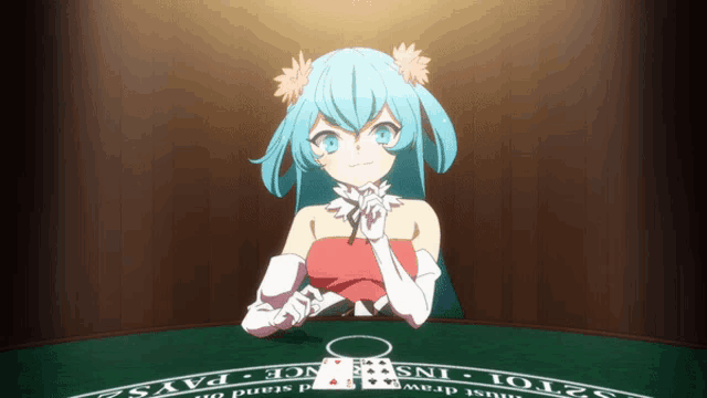 a girl with blue hair is sitting at a table with a circle that says ' assurance pays ' on it