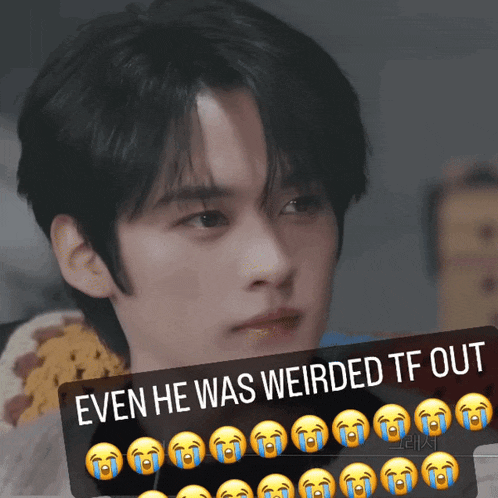 a picture of a boy with a caption that says even he was weirded tf out