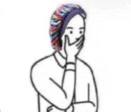 a black and white drawing of a person wearing a colorful hat covering their mouth .