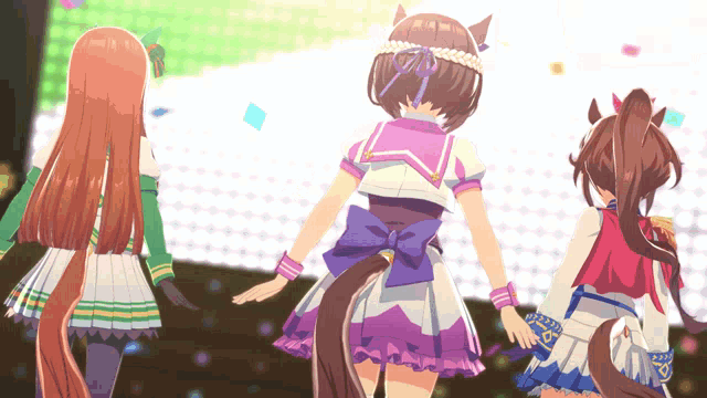 a group of anime girls are standing next to each other and one of them has a purple bow on her back