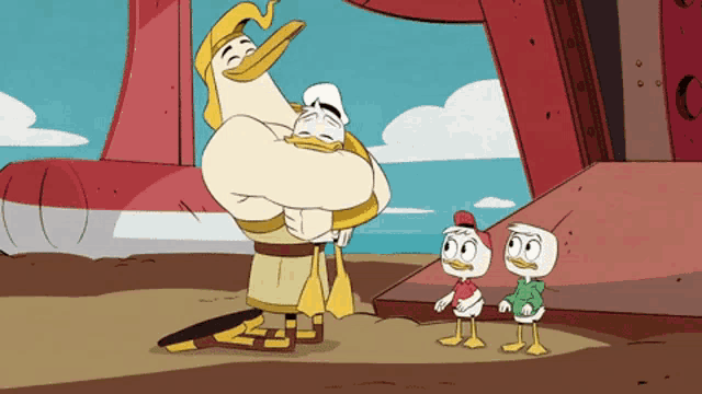 a cartoon of three ducks standing next to each other on a beach