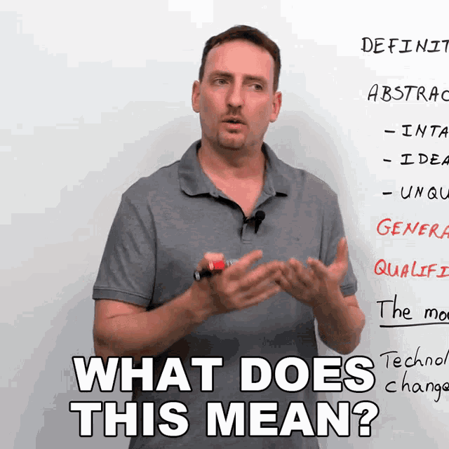 a man stands in front of a white board with the words " what does this mean "