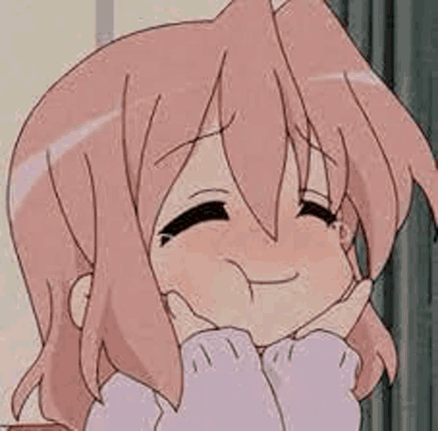 a cartoon girl with pink hair is making a funny face with her hands on her face .