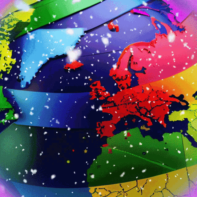 a colorful map of the world with snow falling