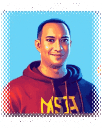 a pixel art of a man wearing a red hoodie that says mista on it