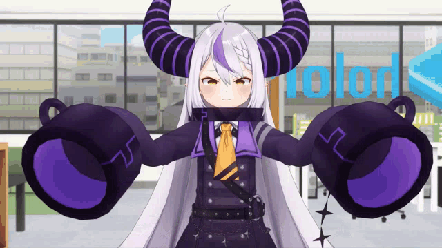 a girl with horns is holding a large purple object in front of a sign that says holod