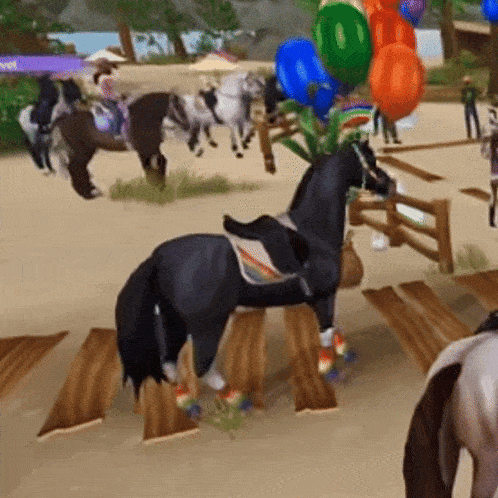 a black horse is standing on a wooden block in a video game surrounded by other horses and balloons