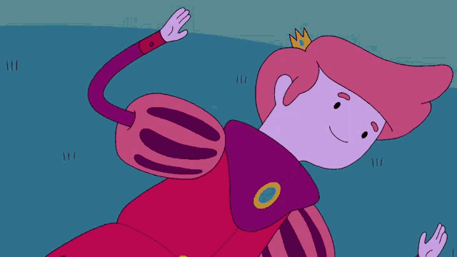 a cartoon character with purple hair and a red jacket has a blue circle around his neck