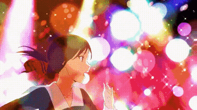 a pixel art of a girl with a bun in her hair surrounded by colorful lights