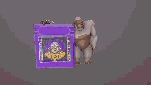 a cartoon gorilla standing next to a purple video game