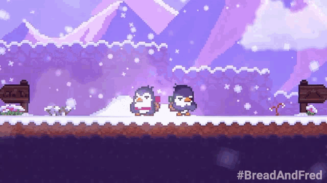 two penguins are standing in the snow in a pixel art game