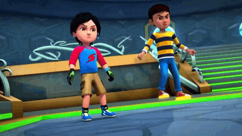 two cartoon characters standing next to each other with one wearing a shirt that says s