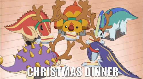 a christmas dinner advertisement with dinosaurs eating cakes