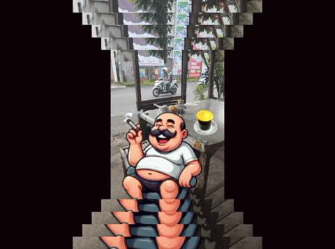 a man in a blue turtleneck is in a frame with a dragon on it