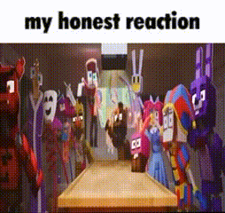 a group of cartoon characters standing around a table with the words my honest reaction written on the bottom