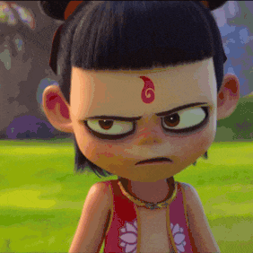 a cartoon character with a red s on her forehead