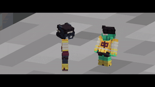 two minecraft characters standing next to each other on a gray surface