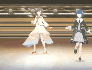 a couple of anime girls are dancing on a stage .