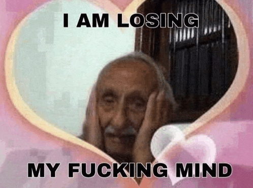 a man with a mustache is covering his ears in front of a pink heart .