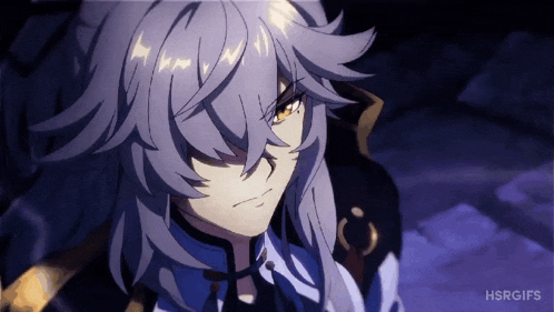 a close up of a person with gray hair and yellow eyes .