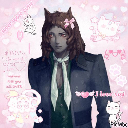 a picture of a man with cat ears is surrounded by pink hearts and says i love you
