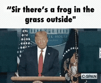 donald trump is standing at a podium giving a speech and talking about a frog in the grass outside .