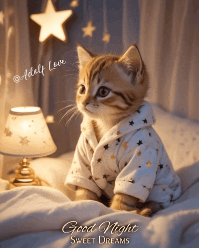 a picture of a kitten wearing a robe with the words good night sweet dreams