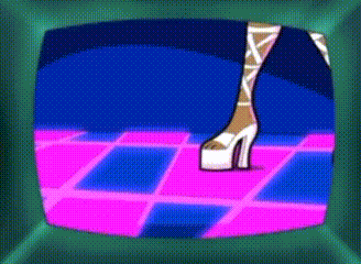 a cartoon of a woman dancing on a pink tiled floor