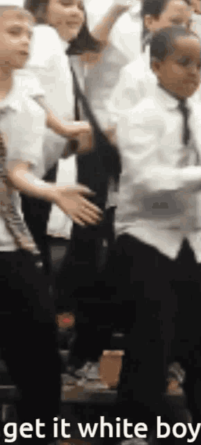 a group of people are dancing in a room with the words get it white boy below them