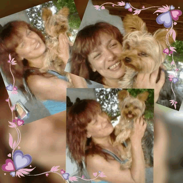 a woman holds a small dog in her arms surrounded by pink butterflies