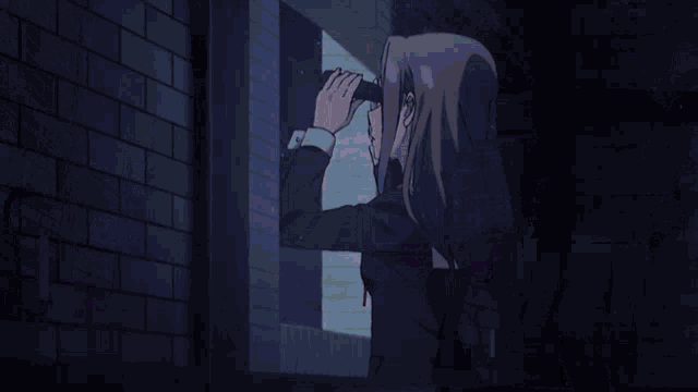 a girl is looking out of a window with a pink light coming out of it
