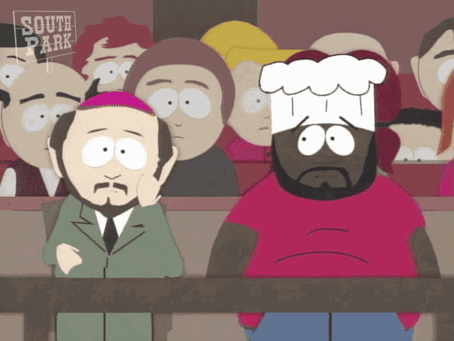 a cartoon of a man wearing a chef 's hat with the words south park behind him