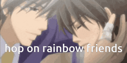 a couple of anime characters laying next to each other with the words hop on rainbow friends below them
