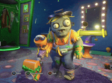 a video game character is standing in front of a mirror and has a preview gesture button