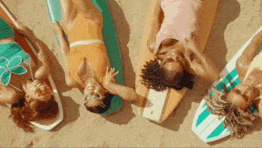 a group of women are laying on surfboards on a beach