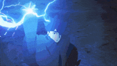 a man in a blue robe is holding a lightning bolt in his hands