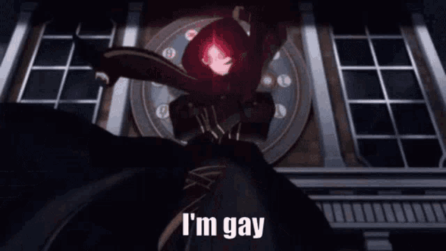 a cartoon character is standing in front of a clock and says i 'm gay