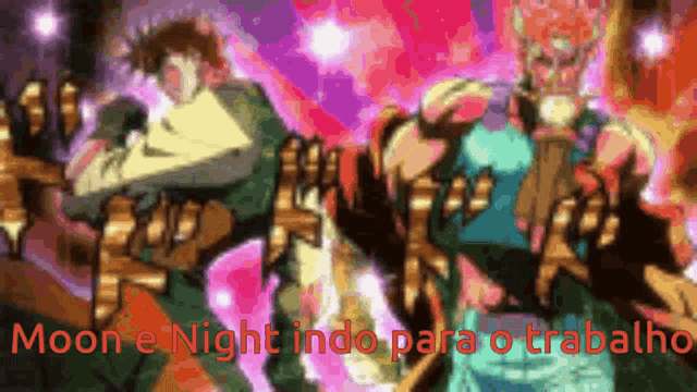 two anime characters are standing next to each other with the words moon e night indo para o trabalho written on the bottom