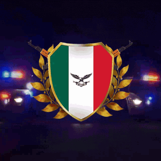 a shield with a mexican flag and two guns on it