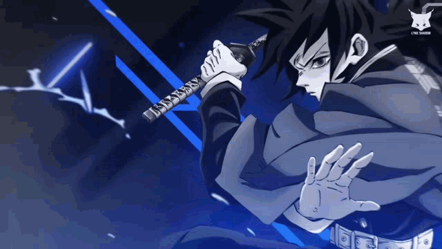 a black and white drawing of a person holding a sword with a blue background