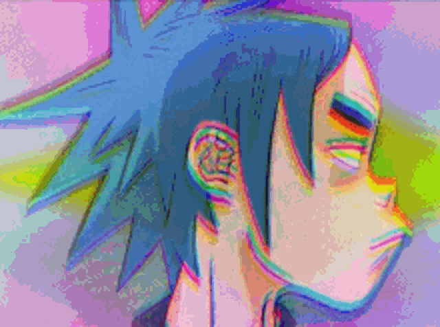 a pixel art of a person with blue hair and a rainbow colored ear