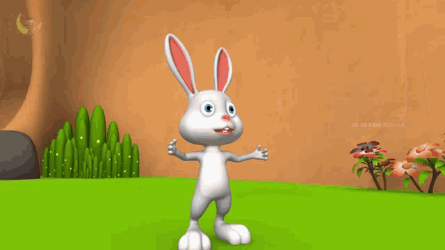 a cartoon rabbit is standing on a grassy field .