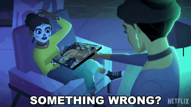 a cartoon of a woman sitting on a couch with something wrong written on the bottom right
