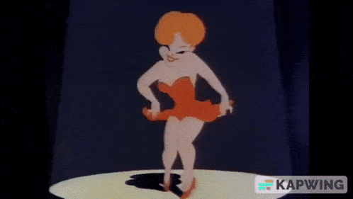 a cartoon of a woman in a red dress dancing on a stage with the word kapwing in the corner