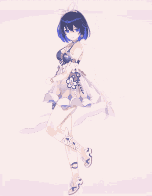 a girl with blue hair is dancing in a pink dress
