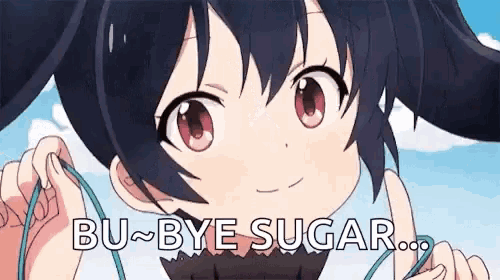 a cute anime girl is holding a pair of headphones and says bu bye sugar .