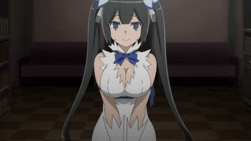 a girl with long black hair is wearing a white dress with a blue bow