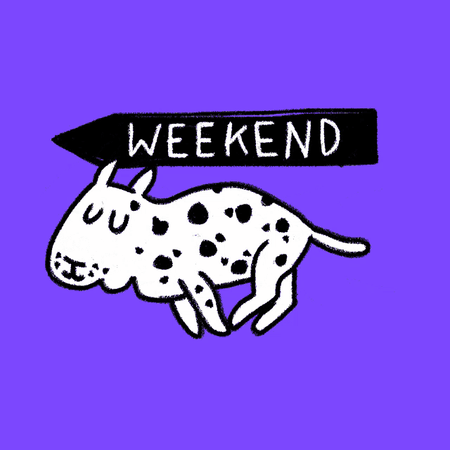 a dalmatian dog is running under a sign that reads weekend
